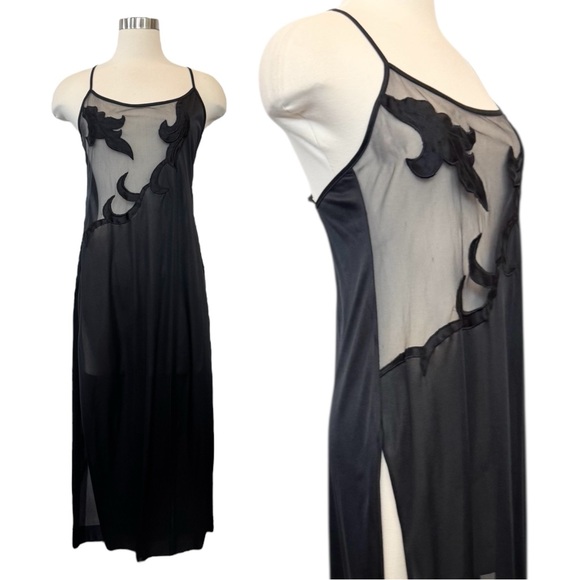 Frederick’s of Hollywood Silky Nylon Goth Black Sheer Mesh Maxi Gown Slip Dress - Picture 10 of 10